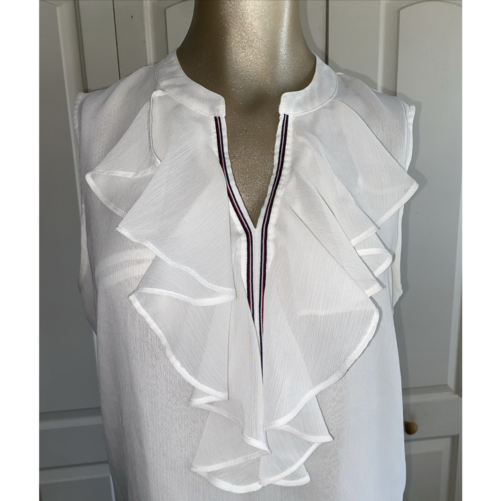 Tommy Hilfiger Blouse Top Women Medium White Ruffle Front V-Neck Costal Preppy - Picture 3 of 8